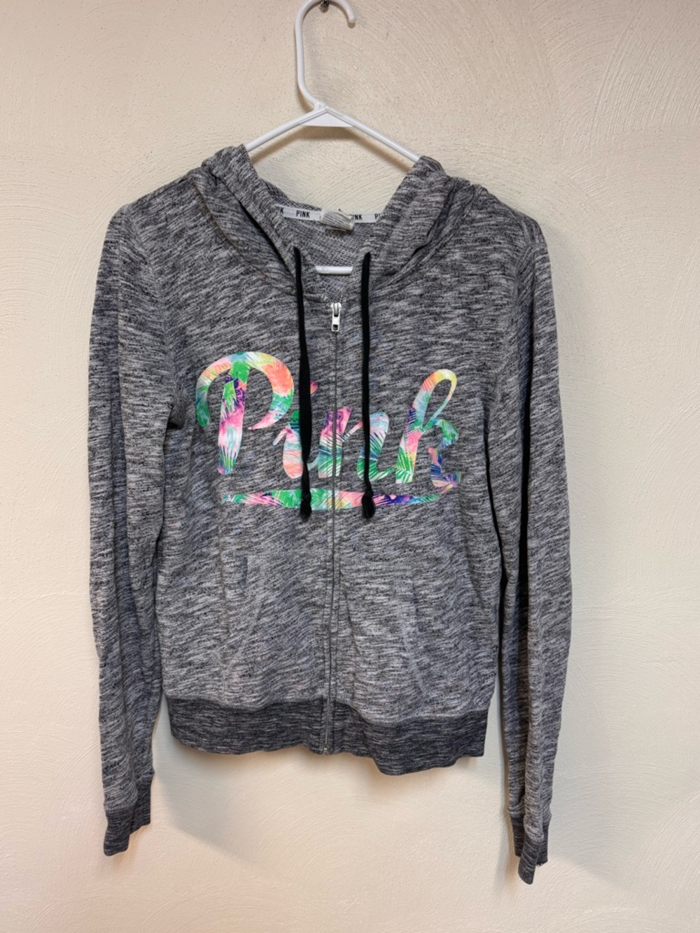 PINK Victoria’s Secret Gray Heathered Logo Full Zip Hoodie Women’s M Pockets
